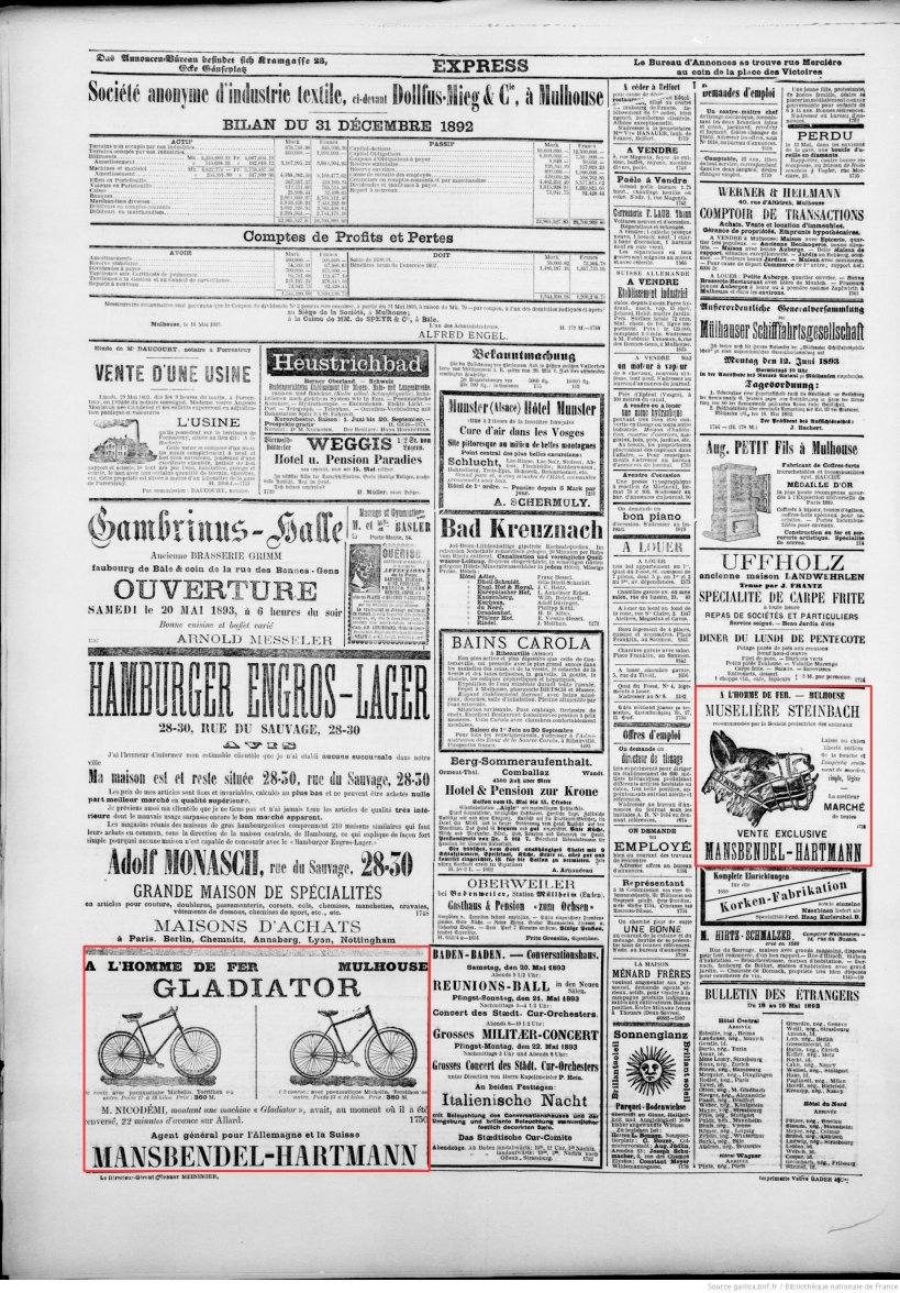 Journal L'Express de Mulhouse du 19 mai 1893 (p.4) : bicyclettes Gladiator, et muselière Steinbach.